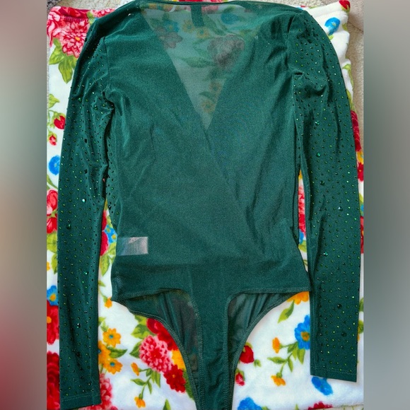 Windsor Green Bedazzled Long Sleeve Open Front Bodysuit - Picture 2 of 3